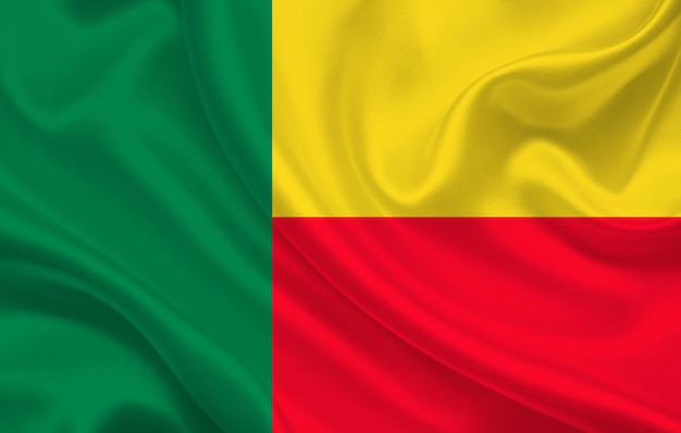 Benin country flag on wavy silk fabric background panorama - illustration