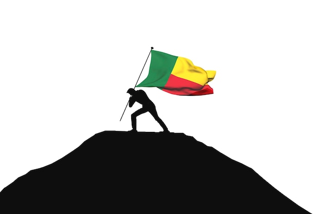Benin flag being pushed into mountain top by a male silhouette 3D Rendering