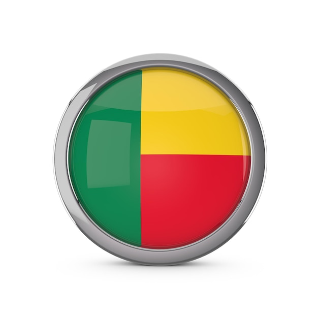 Национальный флаг Бенина в форме глянцевого круга с хромированной рамкой 3D Rendering