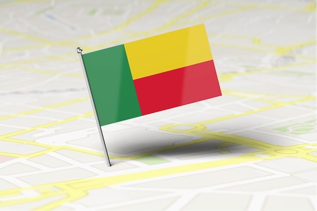 Benin national flag location pin stuck into a city road map 3D Rendering