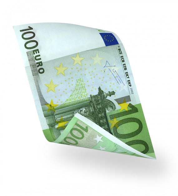 Bent euro banknote over white background