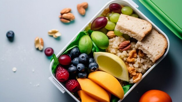 A bento box with fruit and nuts on it