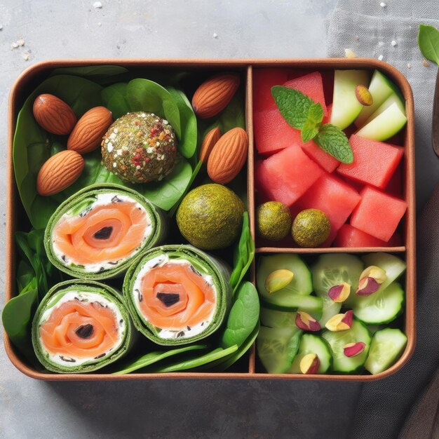 A bento box with smoked salmon pinwheels baby spinach