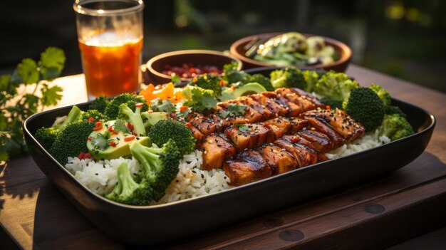 Foto lunch box bento sul tavolo con riso al pollo ai generativa