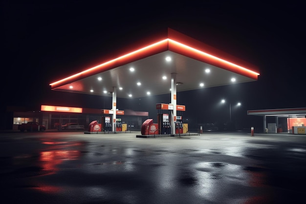 Benzine- en oliestation 's nachts in de mist 3D-rendering illustratie