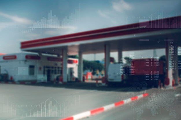 Benzinestation met brandstofdispensers op technologische achtergrond Grafiek van stijgende prijzen voor benzine en brandstof Stijgende brandstofprijzen en de wereldwijde crisis