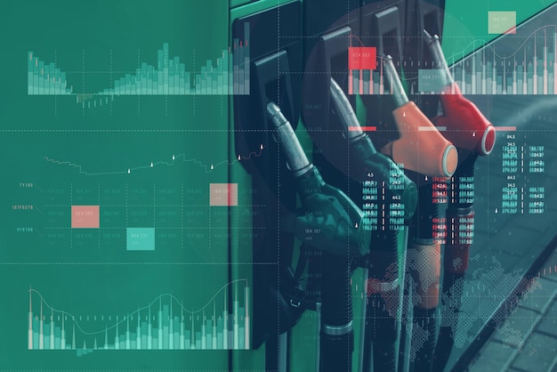 Benzinestation met brandstofpompen op technologische achtergrond Grafiek van stijgende prijzen voor benzine en brandstof