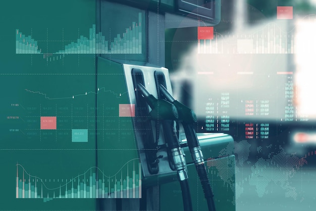 Benzinestation met brandstofpompen op technologische achtergrond Grafiek van stijgende prijzen voor benzine en brandstof