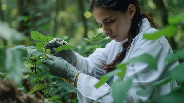 Foto beoordeling van het bosplantleven met een jonge vrouwelijke milieuwetenschapper en ruimte generatieve ai