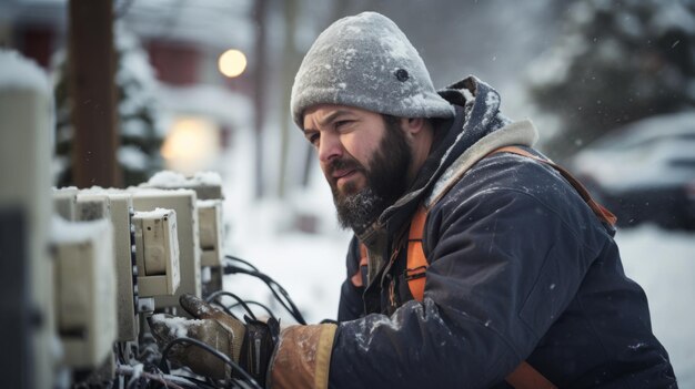 bepaling van een handarbeider die de elementen trotseert om een elektrische lijn te repareren na een