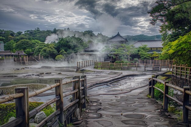 Photo beppu japans oniishibozu jigoku features bubbling mud with unique composition