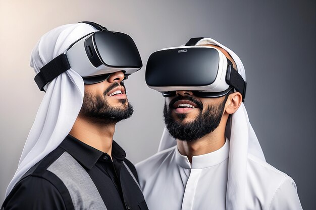 Photo beraded arab man enjoying virtual reality glasses in modern design vr goggles headset