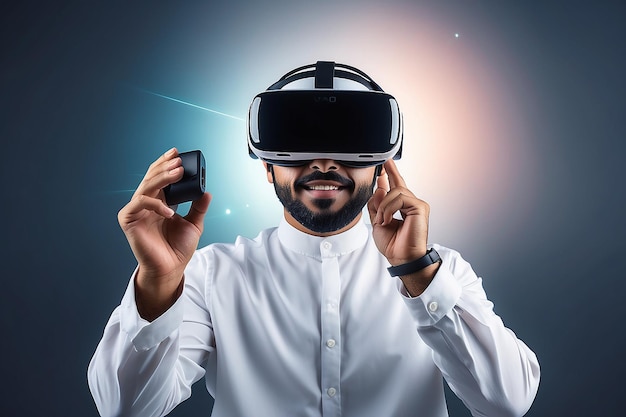 Beraded Arab man enjoying virtual reality glasses in modern design VR goggles headset