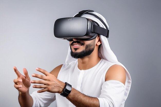 Photo beraded arab man enjoying virtual reality glasses in modern design vr goggles headset