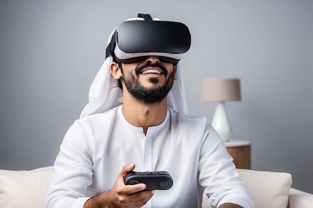 Photo beraded arab man enjoying virtual reality glasses in modern design vr goggles headset