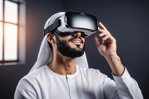 Photo beraded arab man enjoying virtual reality glasses in modern design vr goggles headset