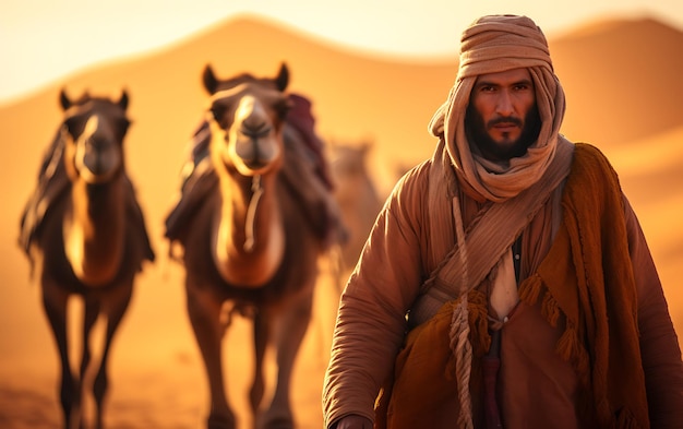 Foto berbero che guida una carovana di cammelli nel deserto