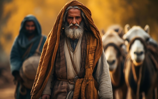 Berber leading camel caravan in the desert