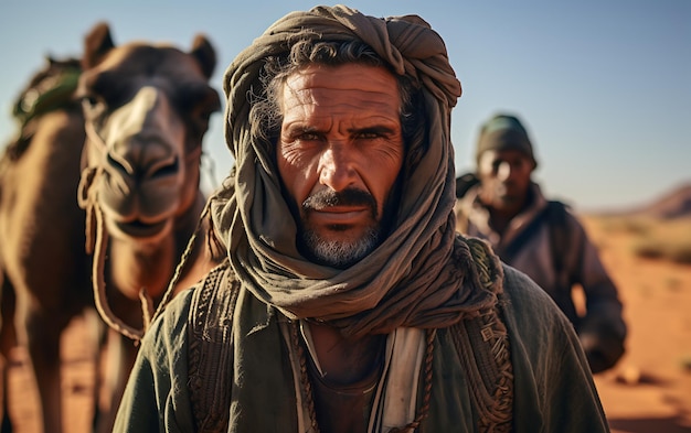 Berber leading camel caravan in the desert