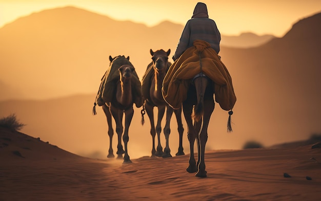 Berber leading camel caravan in the desert