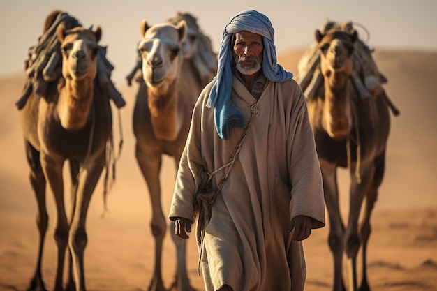 Berber man leading camel caravan generative ai