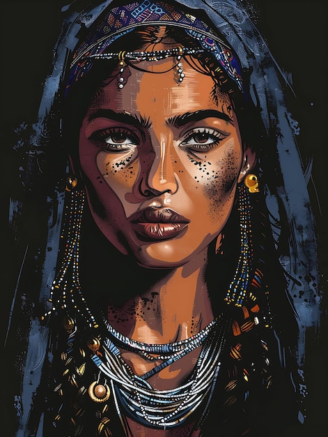 Berber Woman Portrait Wearing a Traditional Silver Necklace Tshirt Design Art Tattoo Ink Frames