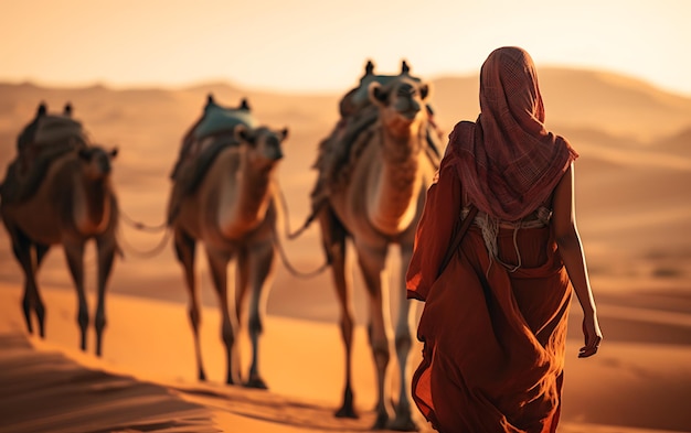 Foto berbers leiden een kameelkaravaan in de woestijn