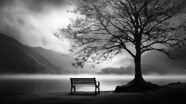 Величественный черно-белый пейзаж с деревянной скамейкой и туманом