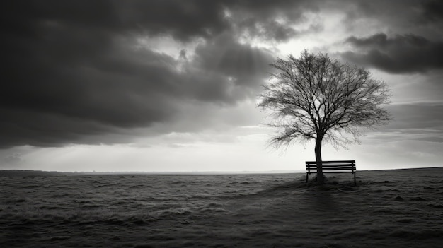 Photo bereaved absence a moody black and white landscape with a lone tree and bench