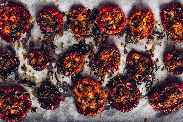 Bereide zongedroogde tomaten met kruiden op perkamentpapier