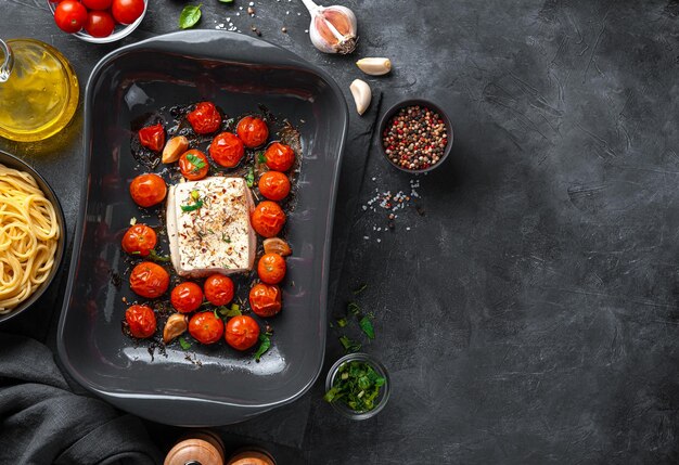 Bereiding van fetapasta Gebakken feta-kaas met kerstomaatjes en kruiden op een zwarte achtergrond Bovenaanzicht kopieerruimte