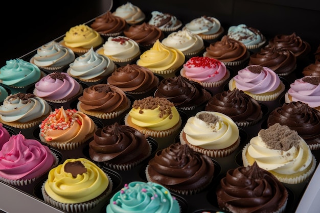 Bereik van smaken en kleuren in klassieke en gastronomische cupcakes gemaakt met generatieve AI