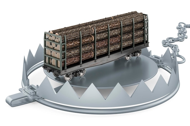 Berenval met houten boomstammen in goederenwagon 3D-rendering