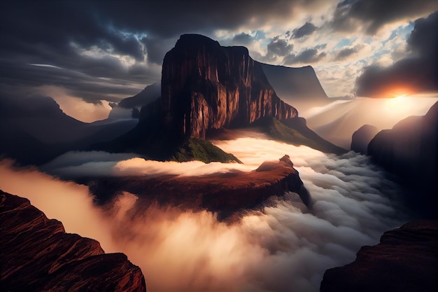 Berg bedekt met wolken onder een bewolkte hemel generatieve ai