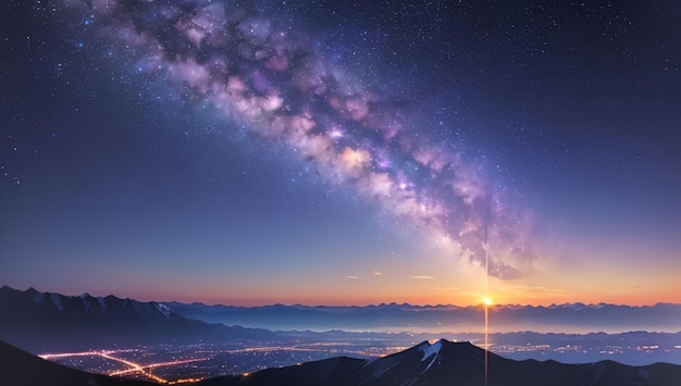 Berg- en meerlandschap met een prachtige paarse sterrenstelsel achtergrond