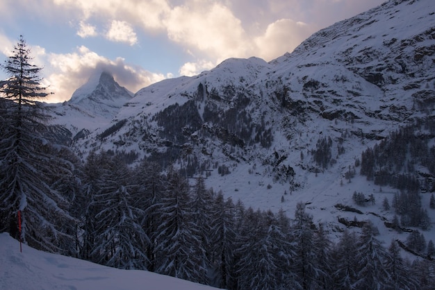 berg matterhorn zermatt zwitserland met verse sneeuw op mooie winterdag