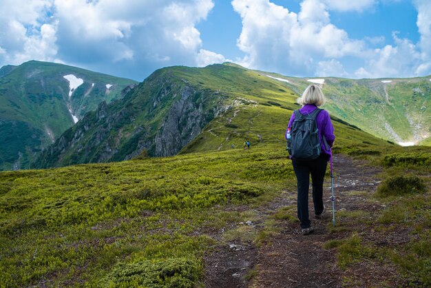 Foto berg wandelen. prachtig uitzicht op de bergen. naaldbossen en alpenweiden