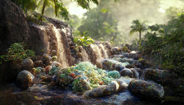 Berg waterval tropische bomen struiken rotsen