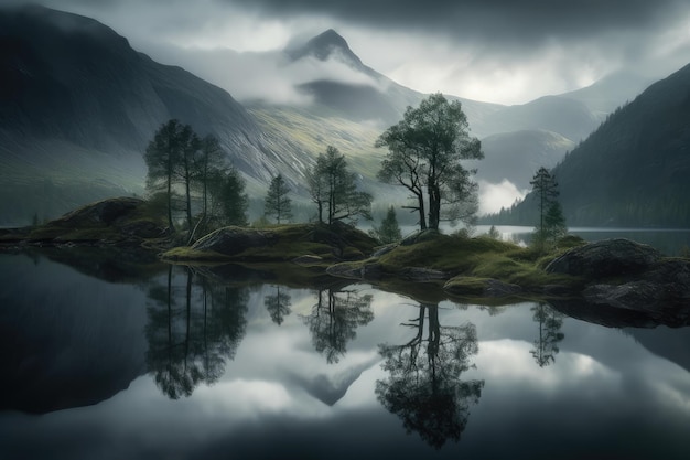 Bergachtig en somber landschap in Noorwegen imposante en melancholische generatieve IA