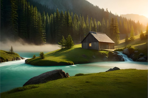 Bergachtig landschap met een klein huisje bovenop een heuvel omringd door bomen AI gegenereerd