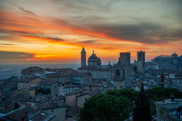 Bergamo Alta skyline at sunset