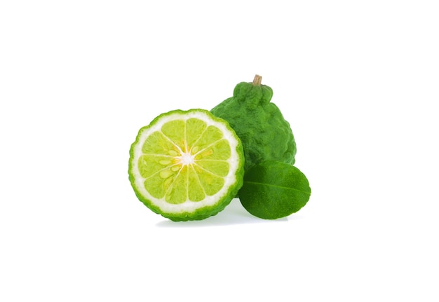 Bergamot fruit with leaf isolated on white surface