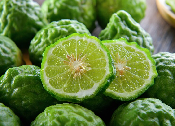 나무 테이블 배경에 Bergamot