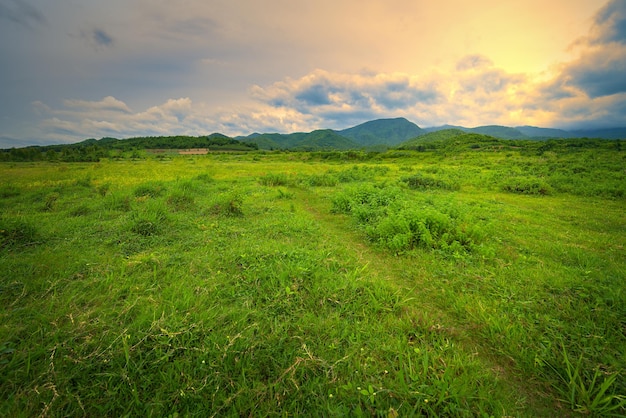 Bergdal tijdens de zonsondergang natuurlijk landschap in de zomer,