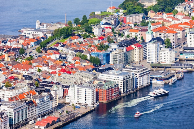 Bergen aerial panoramic view from Mount Floyen viewpoint. Bergen is a city and municipality in Hordaland, Norway.