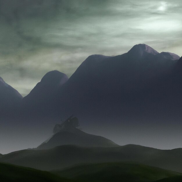 Foto bergen bedekt met mist en dichte wolken die het zonlicht verbergen, digitale kunstachtergrond