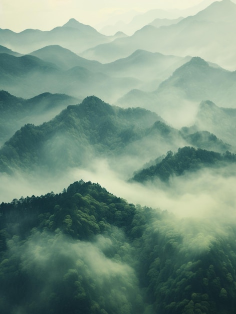 bergen bedekt met mist en lage wolken in een wazige hemel generatieve ai