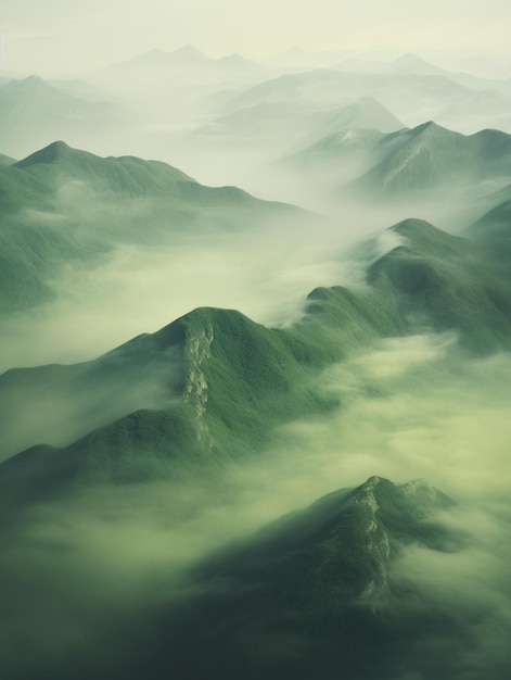 bergen bedekt met mist en mist in een wazige hemel generatieve ai