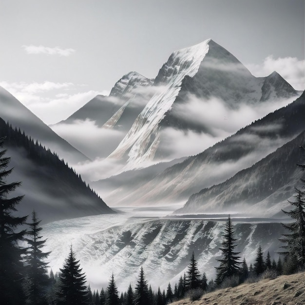 bergen bedekt met sneeuw en mist met een meer op de voorgrond