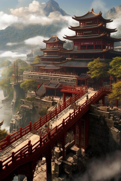 bergen en een brug met een pagode op de achtergrond generatieve ai